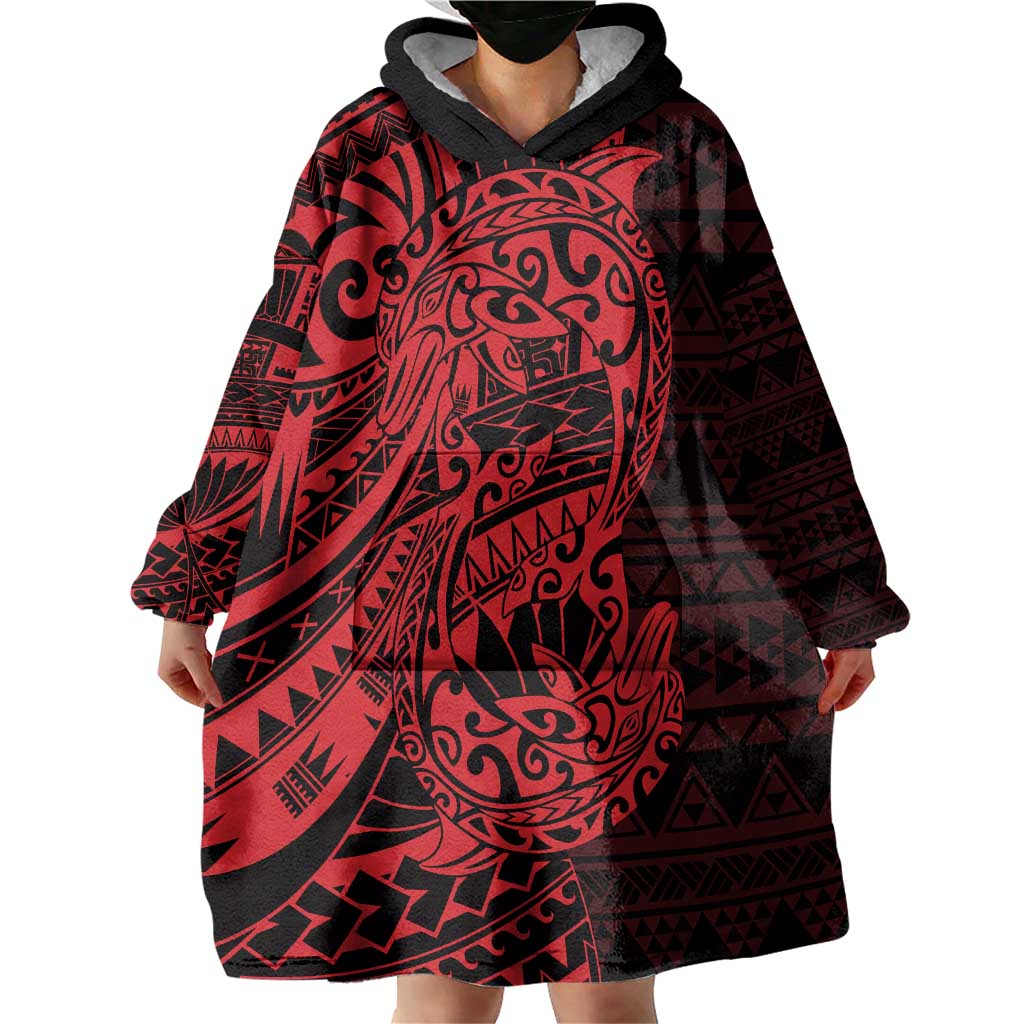 Red Couple Dolphins Maori Polynesian Style Wearable Blanket Hoodie
