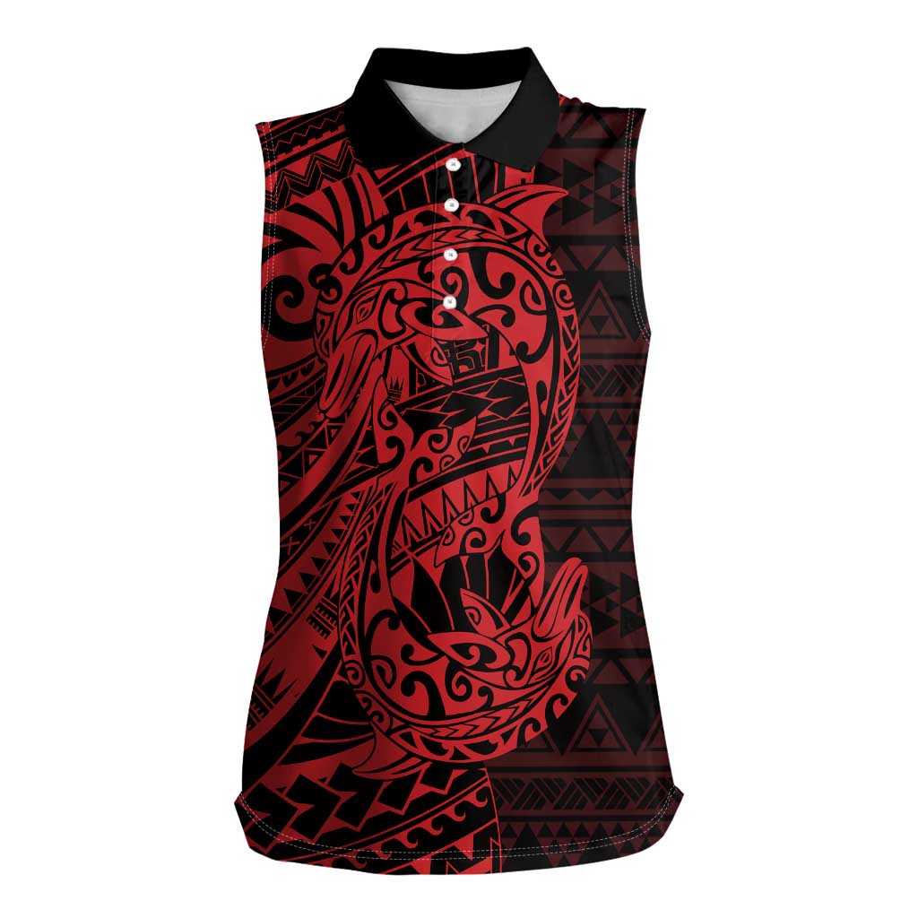 Red Couple Dolphins Maori Polynesian Style Women Sleeveless Polo Shirt