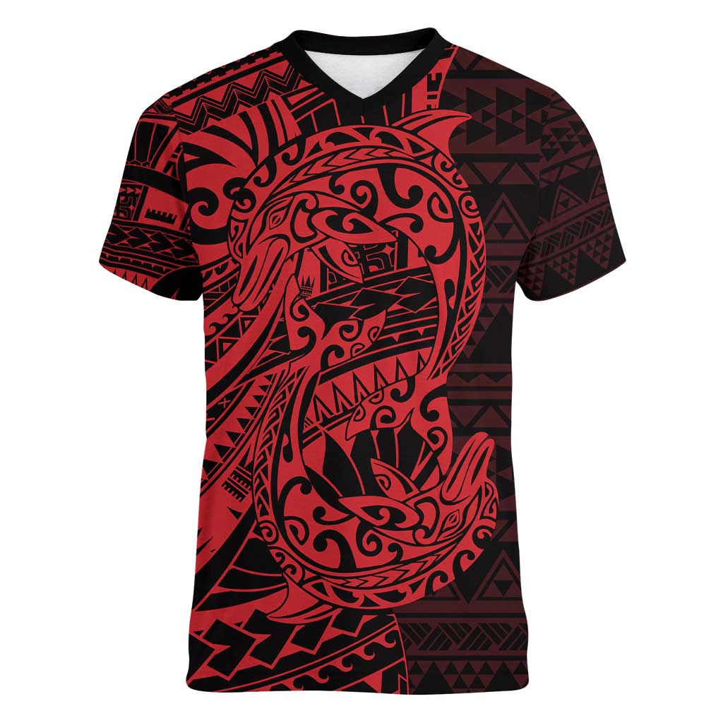 Red Couple Dolphins Maori Polynesian Style Women V-Neck T-Shirt