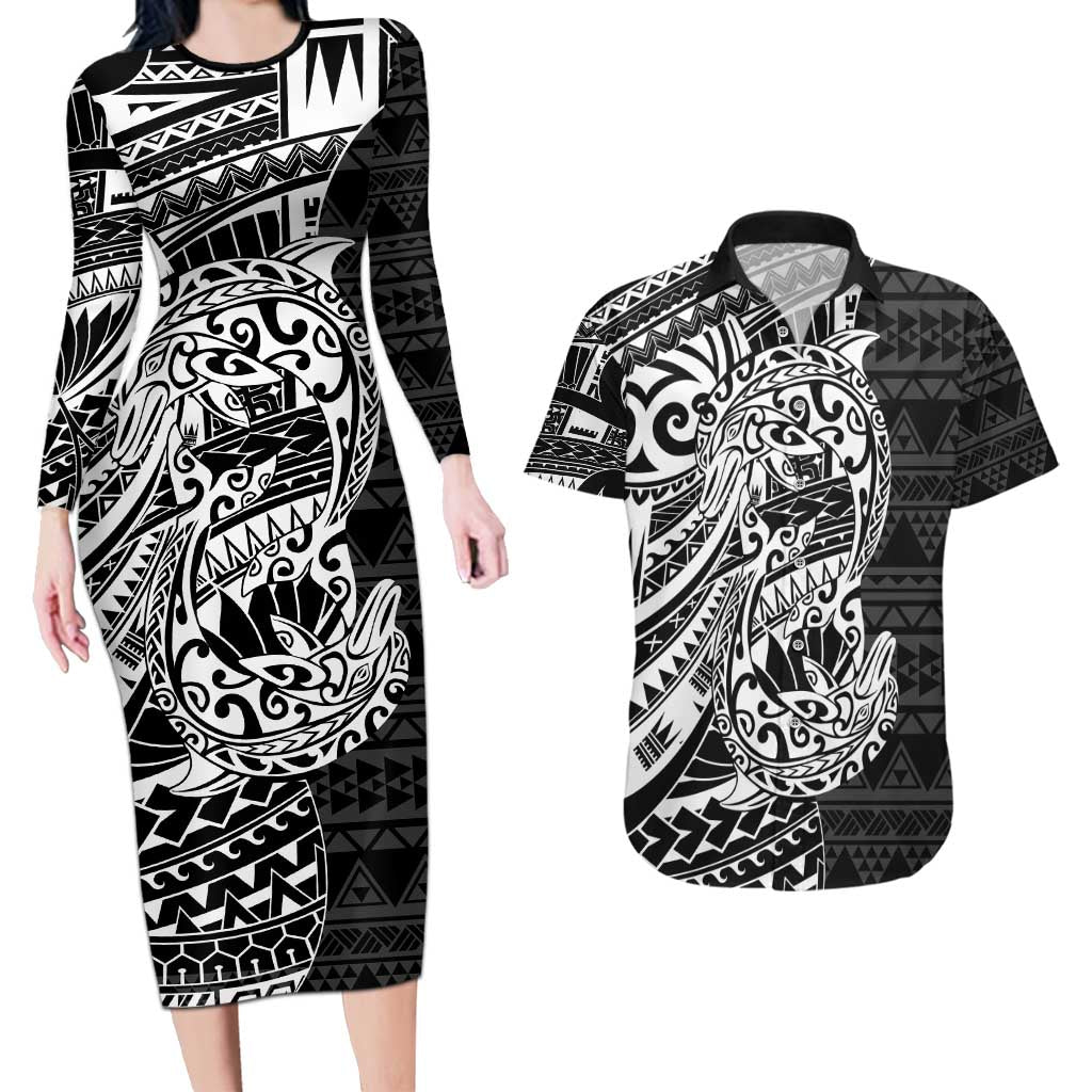 White Couple Dolphins Maori Polynesian Style Couples Matching Long Sleeve Bodycon Dress and Hawaiian Shirt