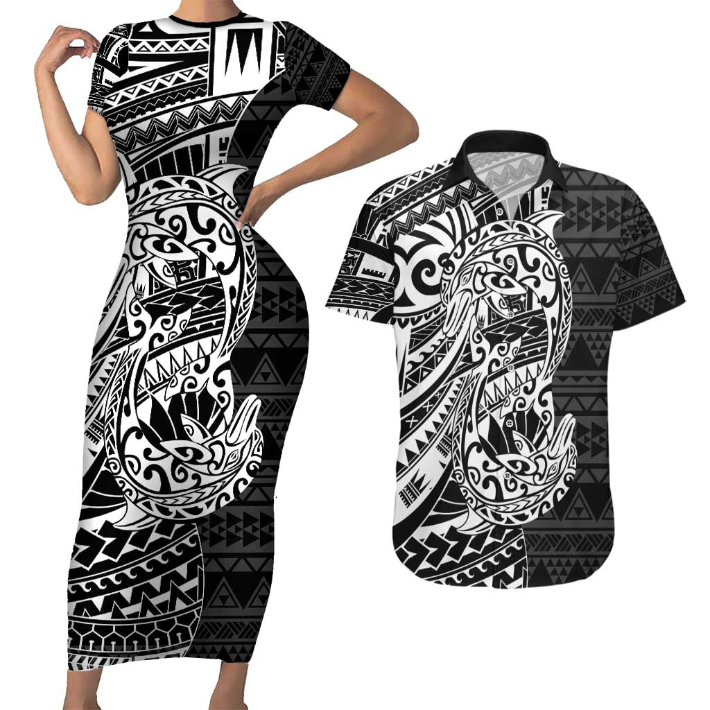 White Couple Dolphins Maori Polynesian Style Couples Matching Short Sleeve Bodycon Dress and Hawaiian Shirt