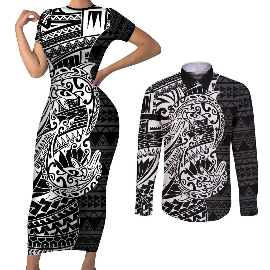 White Couple Dolphins Maori Polynesian Style Couples Matching Short Sleeve Bodycon Dress and Long Sleeve Button Shirt