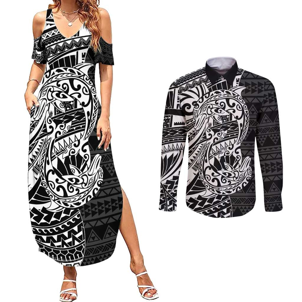 White Couple Dolphins Maori Polynesian Style Couples Matching Summer Maxi Dress and Long Sleeve Button Shirt