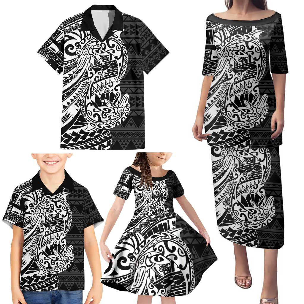 White Couple Dolphins Maori Polynesian Style Family Matching Puletasi and Hawaiian Shirt