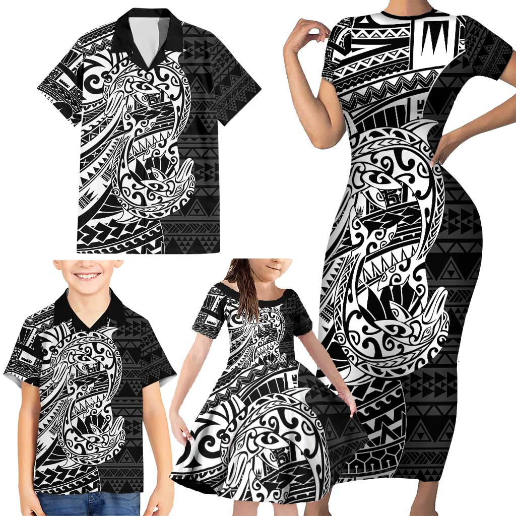 White Couple Dolphins Maori Polynesian Style Family Matching Short Sleeve Bodycon Dress and Hawaiian Shirt