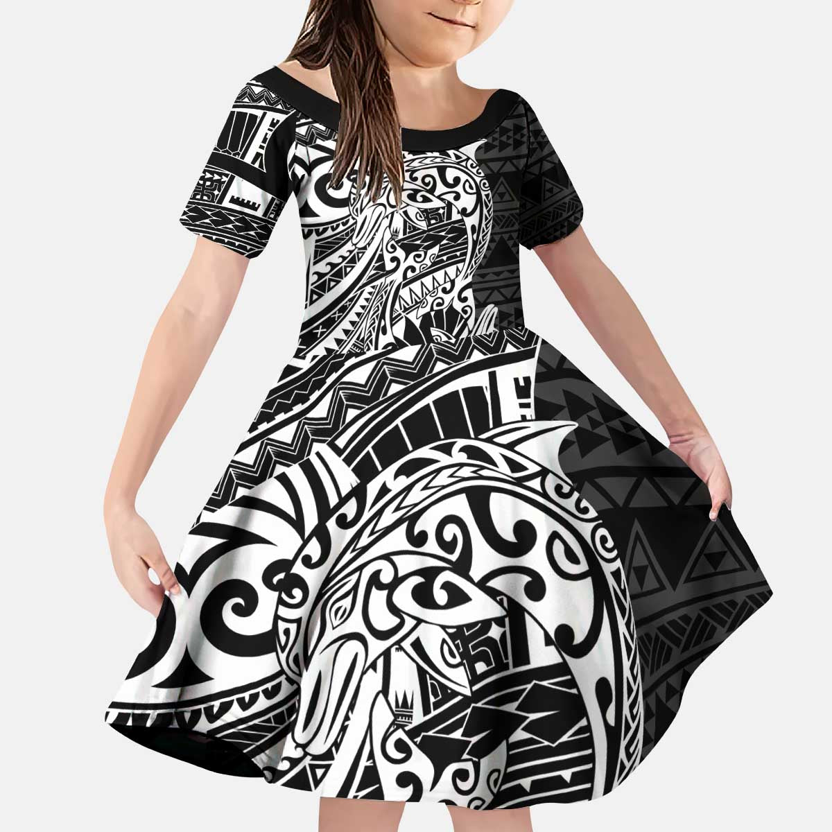 White Couple Dolphins Maori Polynesian Style Kid Short Sleeve Dress