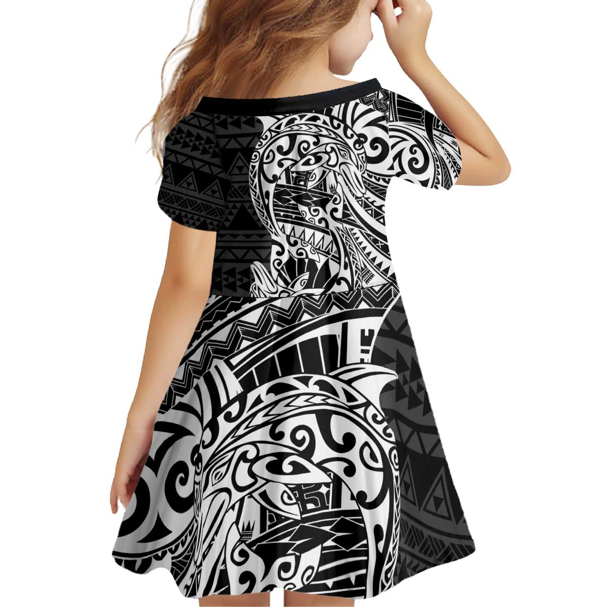 White Couple Dolphins Maori Polynesian Style Kid Short Sleeve Dress