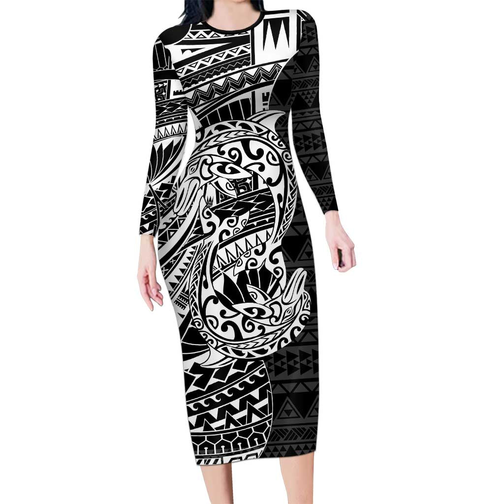 White Couple Dolphins Maori Polynesian Style Long Sleeve Bodycon Dress