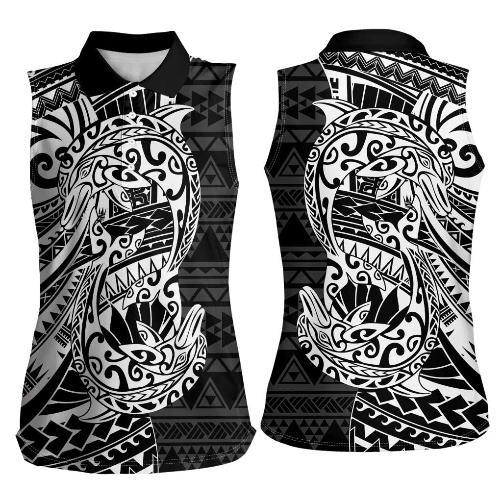 White Couple Dolphins Maori Polynesian Style Women Sleeveless Polo Shirt