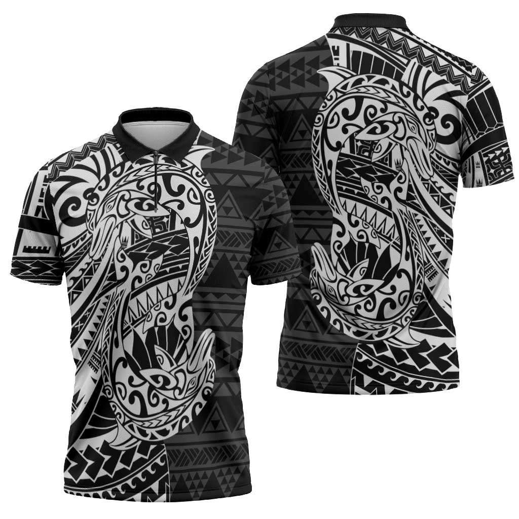 White Couple Dolphins Maori Polynesian Style Zipper Polo Shirt - Polynesian Pride