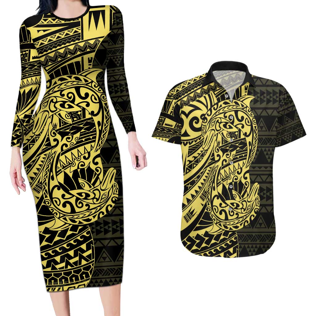 Yellow Couple Dolphins Maori Polynesian Style Couples Matching Long Sleeve Bodycon Dress and Hawaiian Shirt