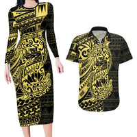 Yellow Couple Dolphins Maori Polynesian Style Couples Matching Long Sleeve Bodycon Dress and Hawaiian Shirt