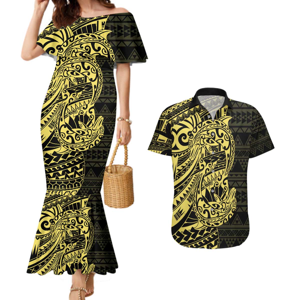 Yellow Couple Dolphins Maori Polynesian Style Couples Matching Mermaid Dress and Hawaiian Shirt