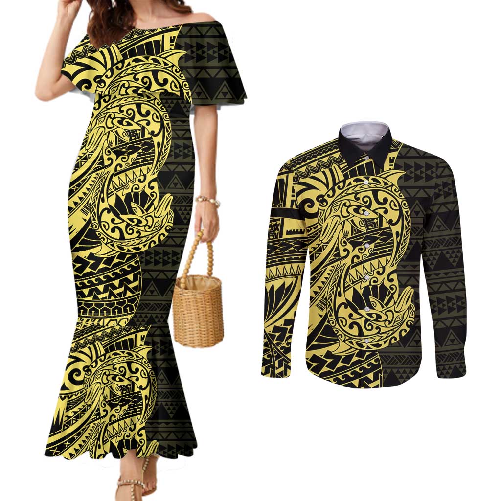 Yellow Couple Dolphins Maori Polynesian Style Couples Matching Mermaid Dress and Long Sleeve Button Shirt