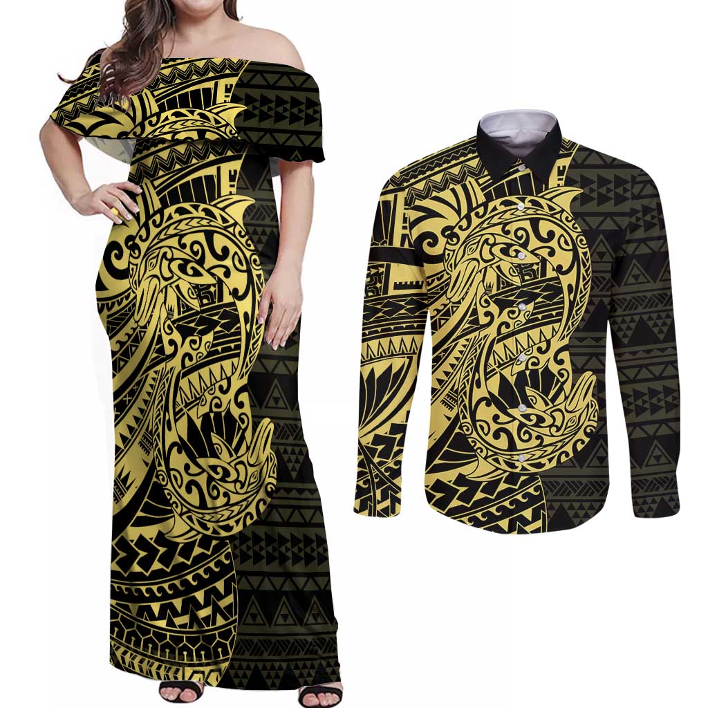 Yellow Couple Dolphins Maori Polynesian Style Couples Matching Off Shoulder Maxi Dress and Long Sleeve Button Shirt