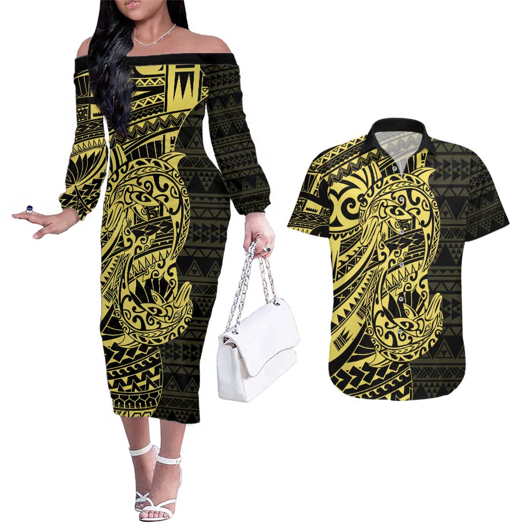 Yellow Couple Dolphins Maori Polynesian Style Couples Matching Off The Shoulder Long Sleeve Dress and Hawaiian Shirt