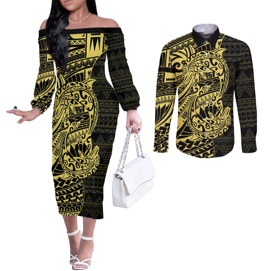 Yellow Couple Dolphins Maori Polynesian Style Couples Matching Off The Shoulder Long Sleeve Dress and Long Sleeve Button Shirt