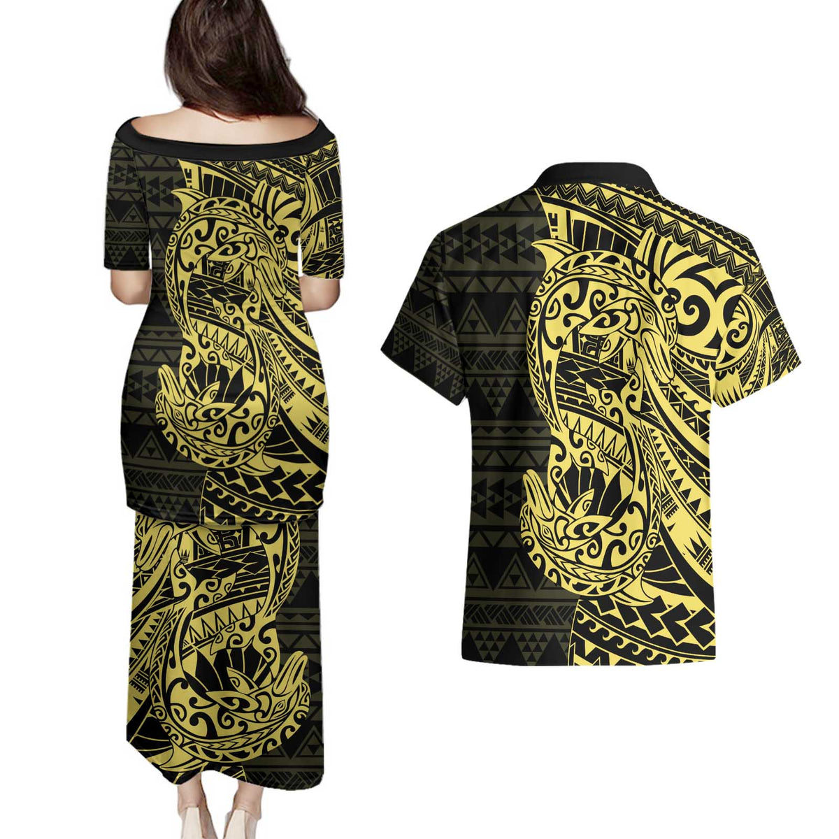 Yellow Couple Dolphins Maori Polynesian Style Couples Matching Puletasi and Hawaiian Shirt