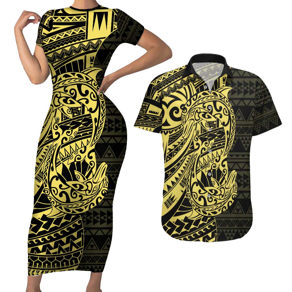 Yellow Couple Dolphins Maori Polynesian Style Couples Matching Short Sleeve Bodycon Dress and Hawaiian Shirt