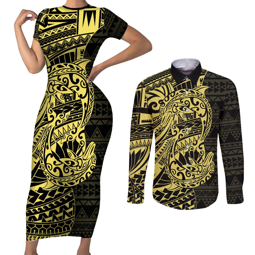 Yellow Couple Dolphins Maori Polynesian Style Couples Matching Short Sleeve Bodycon Dress and Long Sleeve Button Shirt