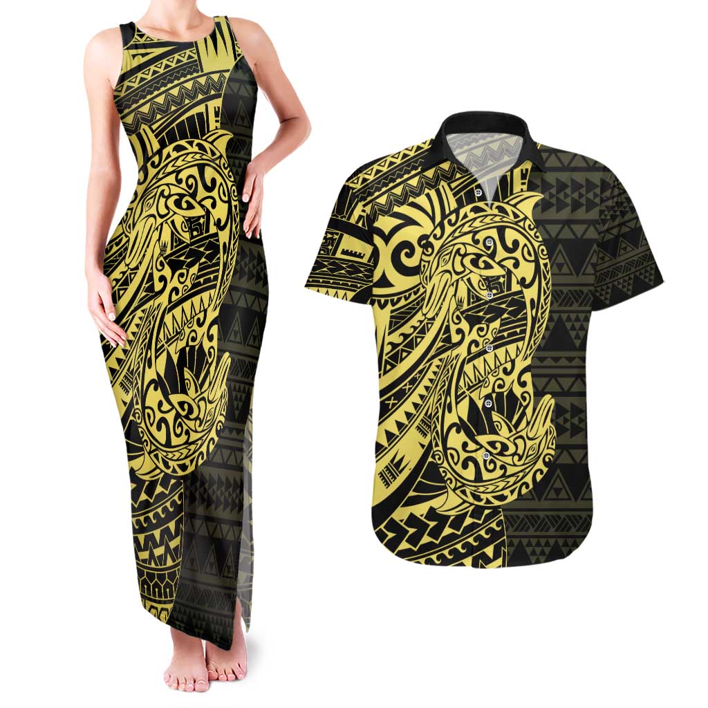 Yellow Couple Dolphins Maori Polynesian Style Couples Matching Tank Maxi Dress and Hawaiian Shirt