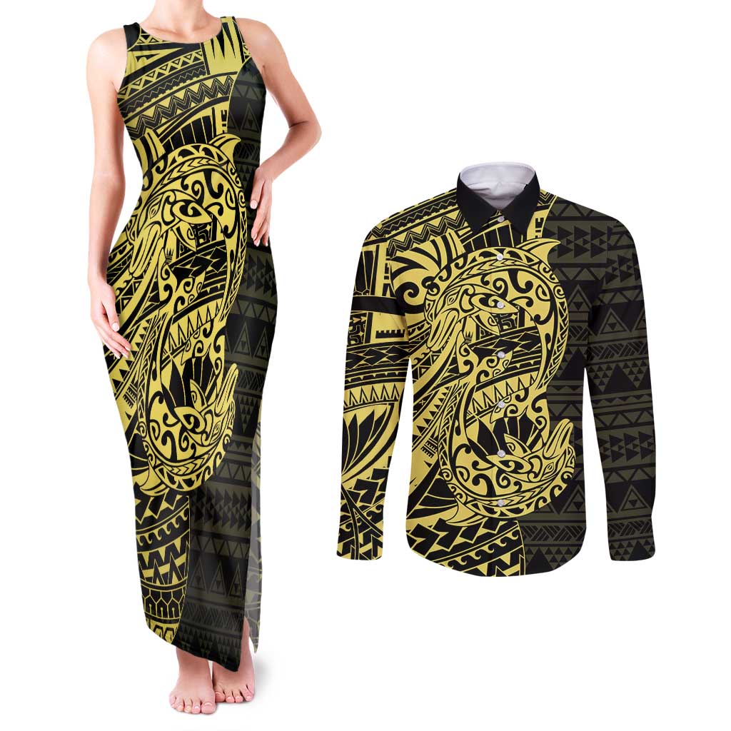 Yellow Couple Dolphins Maori Polynesian Style Couples Matching Tank Maxi Dress and Long Sleeve Button Shirt