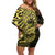 Yellow Couple Dolphins Maori Polynesian Style Family Matching Off Shoulder Short Dress and Hawaiian Shirt