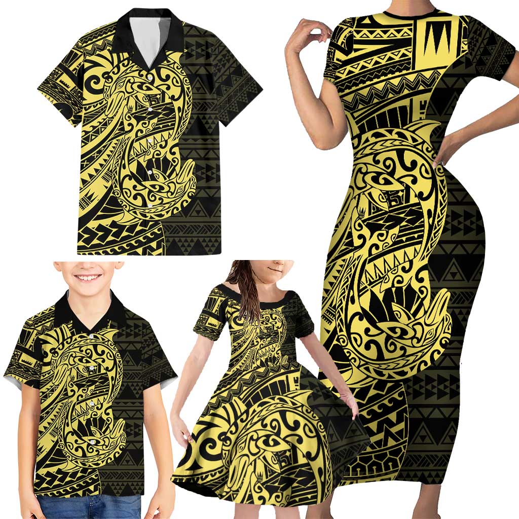 Yellow Couple Dolphins Maori Polynesian Style Family Matching Short Sleeve Bodycon Dress and Hawaiian Shirt