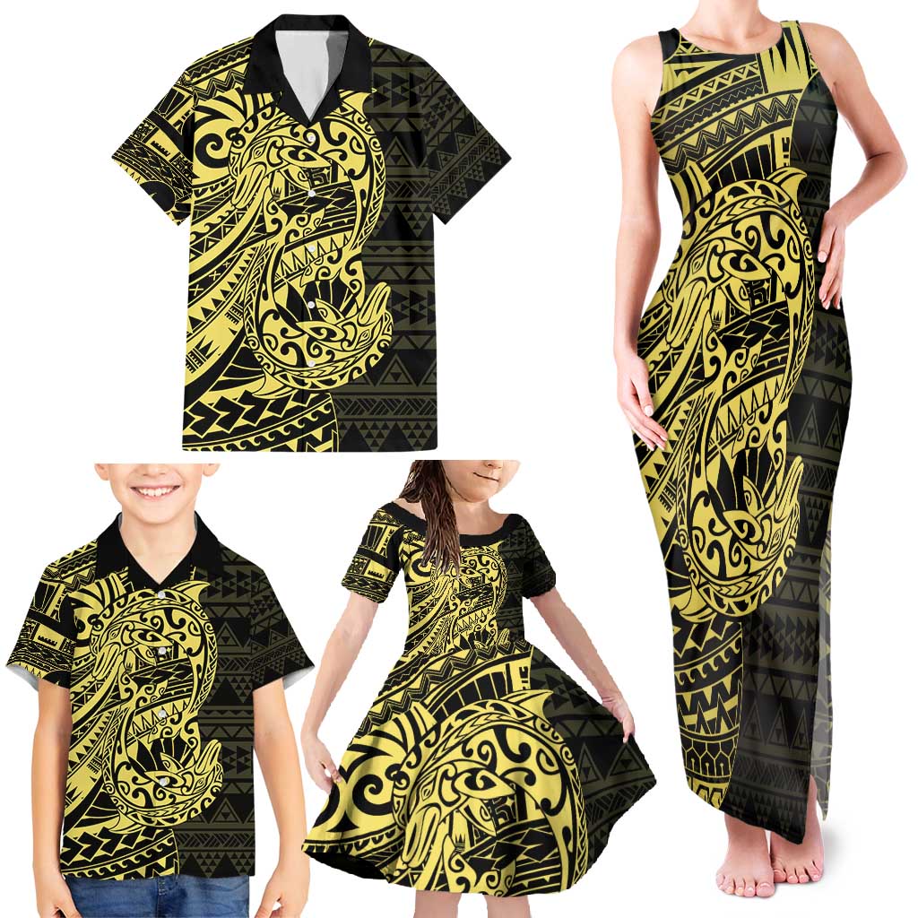 Yellow Couple Dolphins Maori Polynesian Style Family Matching Tank Maxi Dress and Hawaiian Shirt