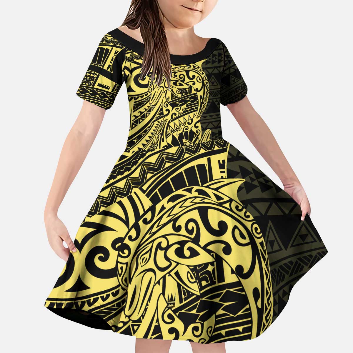 Yellow Couple Dolphins Maori Polynesian Style Kid Short Sleeve Dress