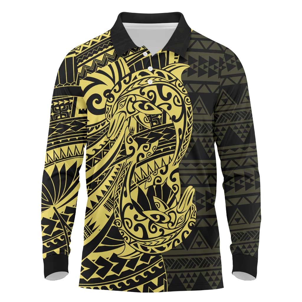 Yellow Couple Dolphins Maori Polynesian Style Long Sleeve Polo Shirt