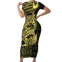 Yellow Couple Dolphins Maori Polynesian Style Short Sleeve Bodycon Dress LT9 Long Dress Yellow - Polynesian Pride