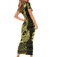 Yellow Couple Dolphins Maori Polynesian Style Short Sleeve Bodycon Dress LT9 - Polynesian Pride