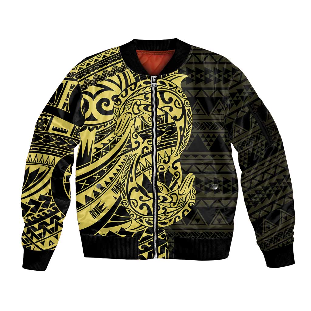 Yellow Couple Dolphins Maori Polynesian Style Sleeve Zip Bomber Jacket