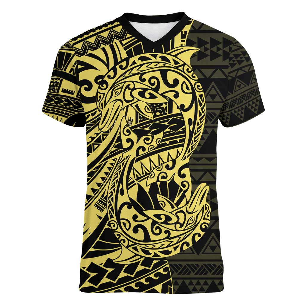 Yellow Couple Dolphins Maori Polynesian Style Women V-Neck T-Shirt