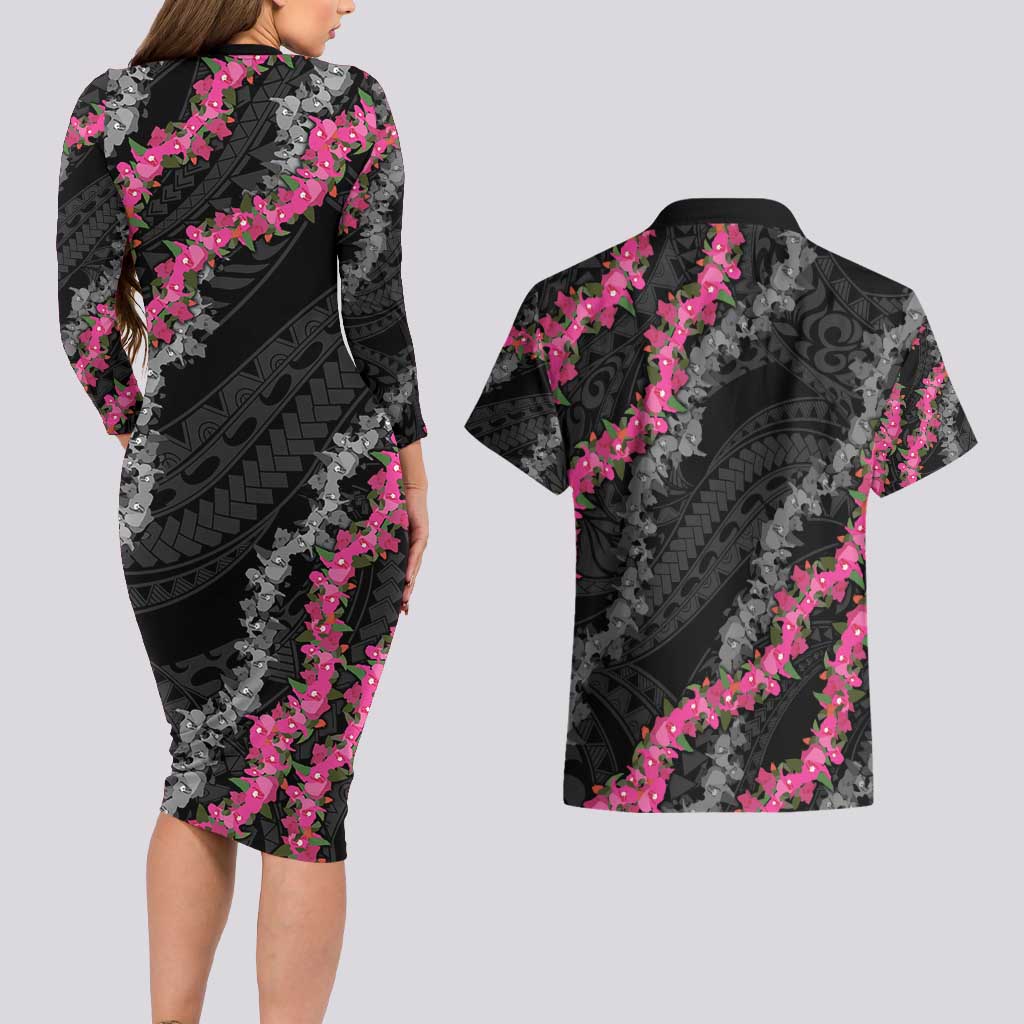 Guam Bougainvillea Lei Couples Matching Long Sleeve Bodycon Dress and Hawaiian Shirt Chamorro Tribal Pattern