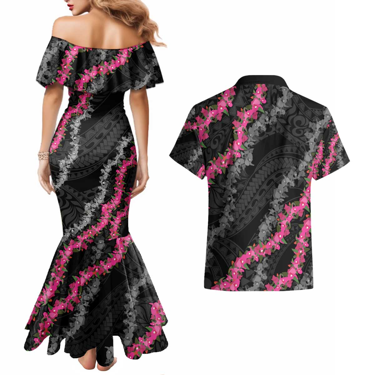 Guam Bougainvillea Lei Couples Matching Mermaid Dress and Hawaiian Shirt Chamorro Tribal Pattern