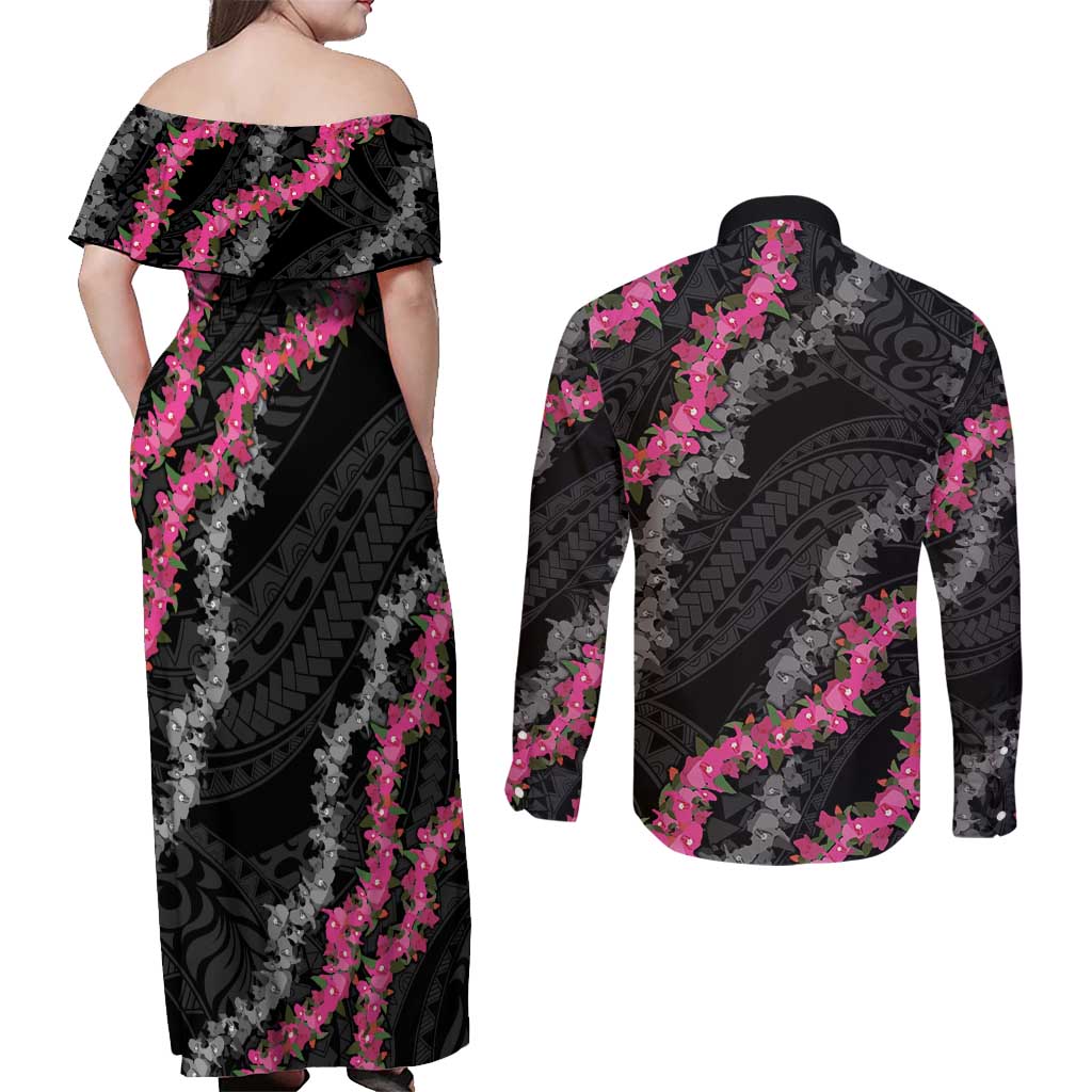 Guam Bougainvillea Lei Couples Matching Off Shoulder Maxi Dress and Long Sleeve Button Shirt Chamorro Tribal Pattern
