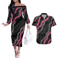 Guam Bougainvillea Lei Couples Matching Off The Shoulder Long Sleeve Dress and Hawaiian Shirt Chamorro Tribal Pattern