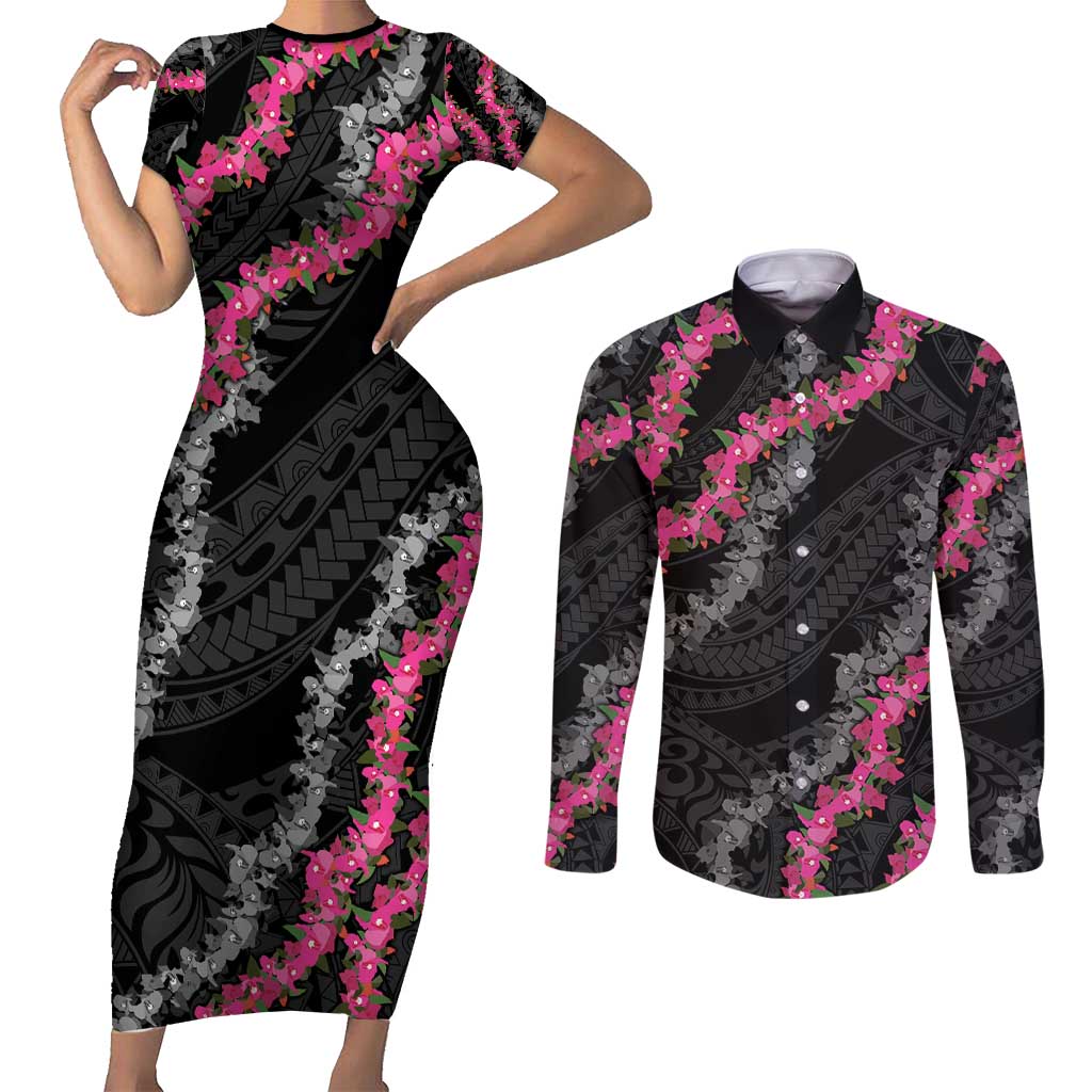 Guam Bougainvillea Lei Couples Matching Short Sleeve Bodycon Dress and Long Sleeve Button Shirt Chamorro Tribal Pattern