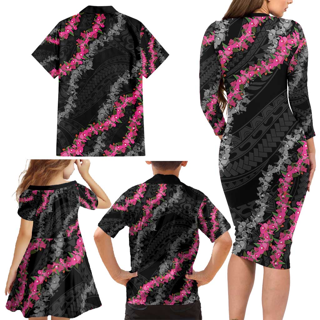 Guam Bougainvillea Lei Family Matching Long Sleeve Bodycon Dress and Hawaiian Shirt Chamorro Tribal Pattern