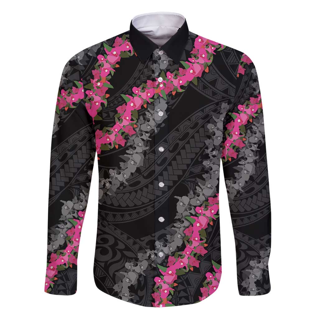 Guam Bougainvillea Lei Family Matching Long Sleeve Bodycon Dress and Hawaiian Shirt Chamorro Tribal Pattern