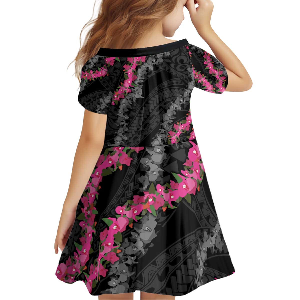 Guam Bougainvillea Lei Kid Short Sleeve Dress Chamorro Tribal Pattern