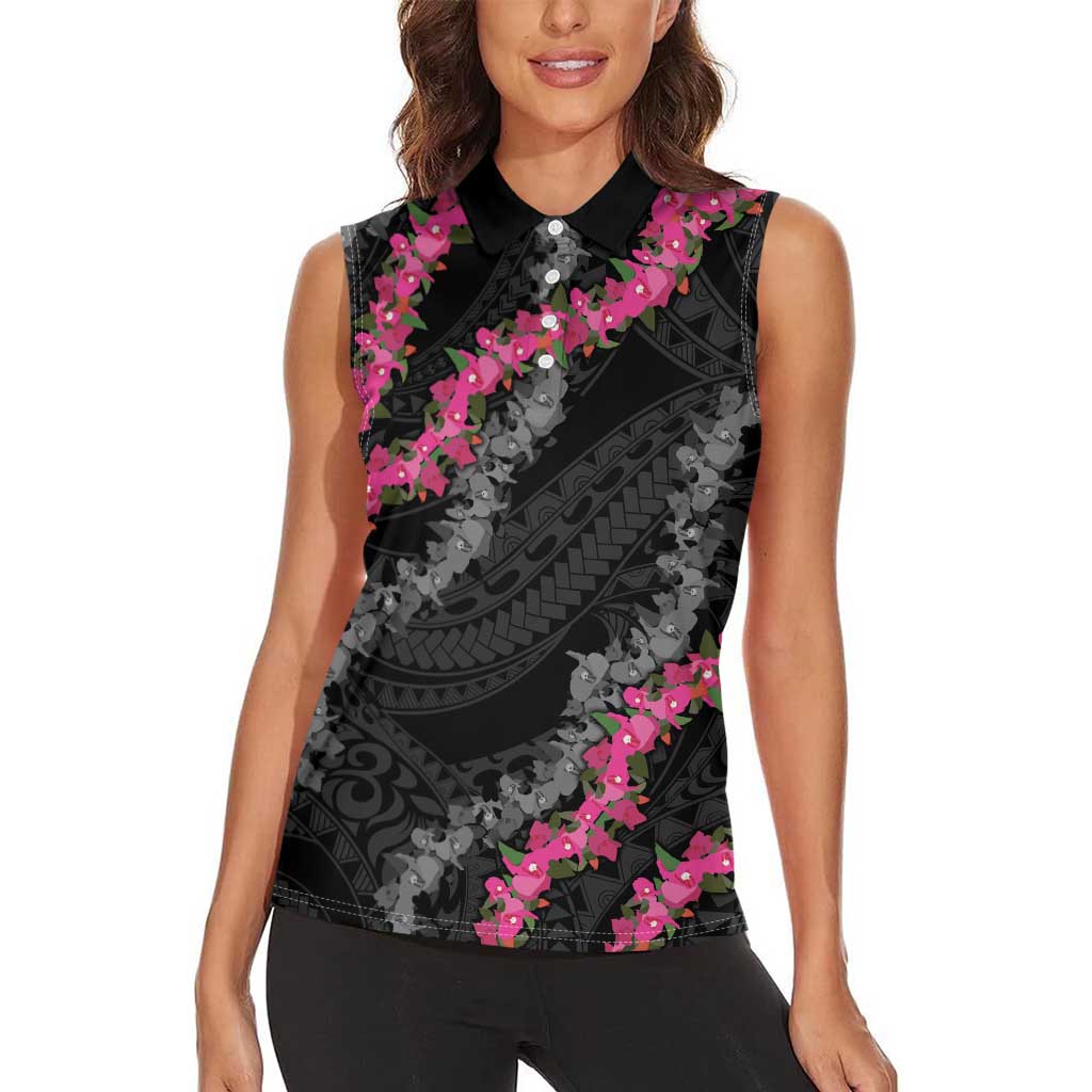 Guam Bougainvillea Lei Women Sleeveless Polo Shirt Chamorro Tribal Pattern