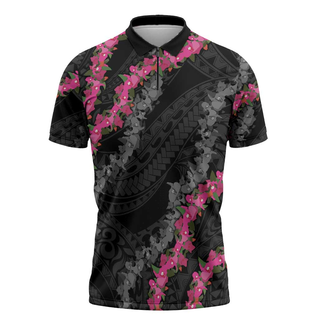 Guam Bougainvillea Lei Zipper Polo Shirt Chamorro Tribal Pattern - Polynesian Pride