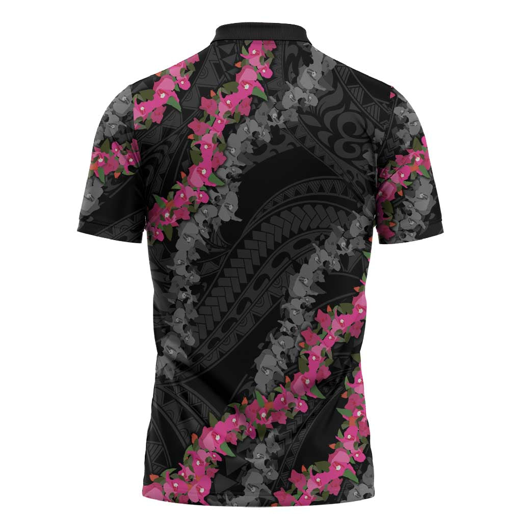 Guam Bougainvillea Lei Zipper Polo Shirt Chamorro Tribal Pattern - Polynesian Pride