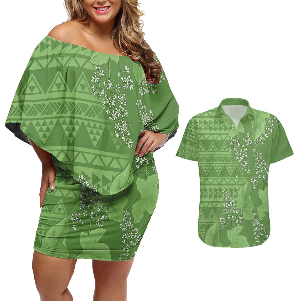 Hawaii Molokai Island Kukui Nut Flowers Couples Matching Off Shoulder Short Dress and Hawaiian Shirt Tribal Kakau Pattern
