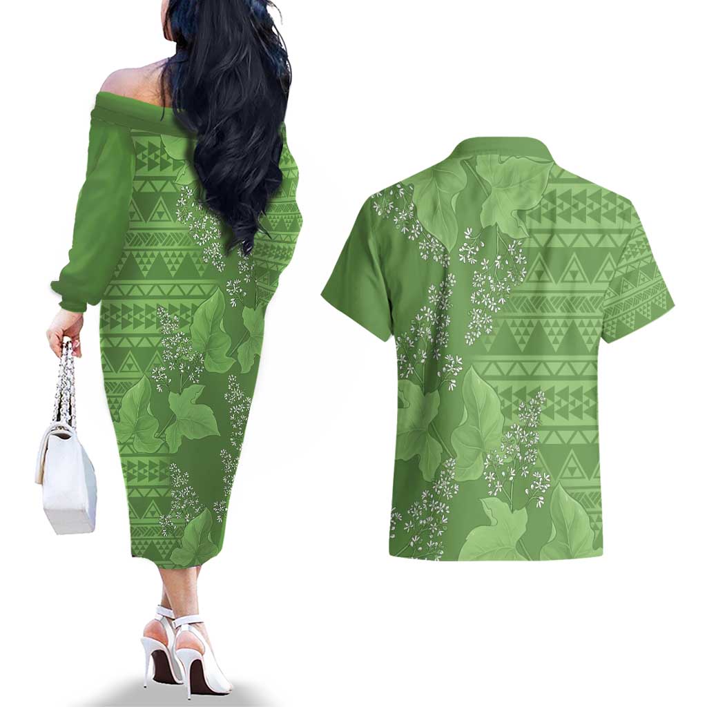 Hawaii Molokai Island Kukui Nut Flowers Couples Matching Off The Shoulder Long Sleeve Dress and Hawaiian Shirt Tribal Kakau Pattern