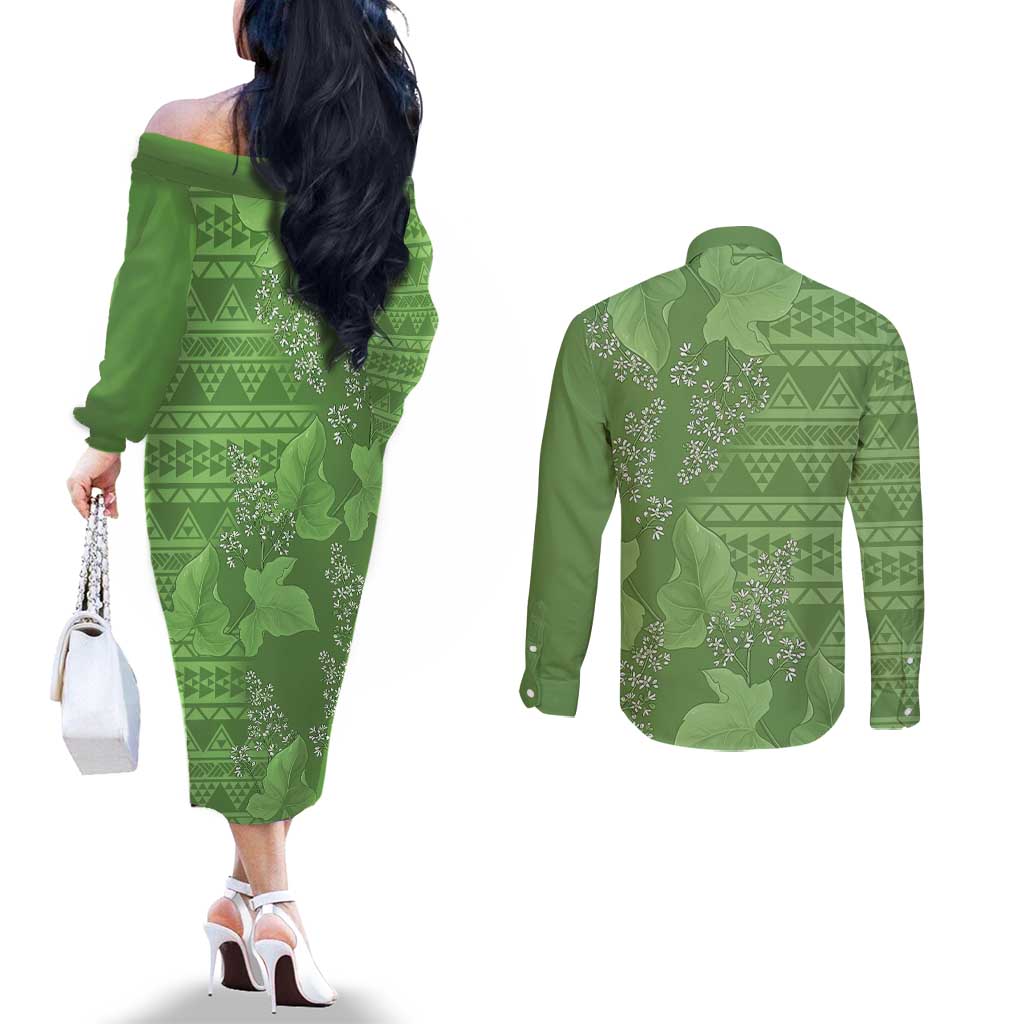 Hawaii Molokai Island Kukui Nut Flowers Couples Matching Off The Shoulder Long Sleeve Dress and Long Sleeve Button Shirt Tribal Kakau Pattern LT9 - Polynesian Pride