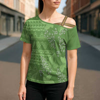 Hawaii Molokai Island Kukui Nut Flowers Cross Shoulder Shirt Tribal Kakau Pattern - Polynesian Pride